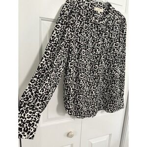 Loft Blouse Women's Size S Black White Leopard Print Button Up Long Sleeve
